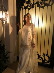 Women's Premium Chinon Embroidered Kurta Palazzo Set with Organza Dupatta | Off White Party Wear Suit