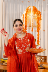 Ruby Red, Burnt Orange & Emerald Green Chanderi Silk Embroidered Anarkali Kurta Pant Set with Organza Dupatta