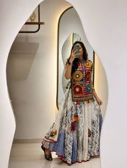 White & Blue Muslin Cotton Navratri Chaniya Choli Set with Gamthi Embroidery & Mirror Work | Designer Garba Lehenga for Women