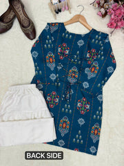 Teal Blue Maslin Cotton Printed Kurti with Embroidered Farshi Plazzo Co-Ord Set for Women