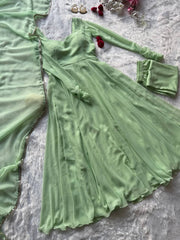 Georgette Anarkali Suit Set with Mirror Lace Dupatta – Wine, Mint Green & Lavender