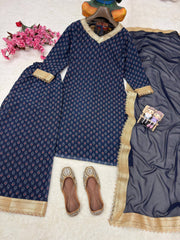 Navy Blue Georgette Printed Kurti Plazzo Set with Dupatta | Designer Festive Ethnic Wear for Women