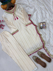 White Chanderi Silk 3 Piece Kurti Pant Set with Dupatta & Fancy Lace Work