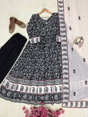 Black Premium Maslin Cotton Printed Anarkali Gown Set with Dupatta | Designer 3-Piece Ethnic Suit