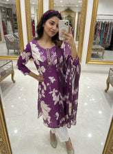 Purple Magic Cotton Embroidered Kurti Pant Set with Digital Print Dupatta