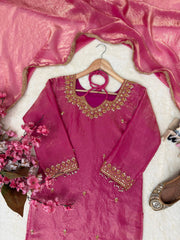 Rani Pink Fandy Silk Kurti Plazzo Set with Dupatta | Designer Embroidered Festive Suit for Women