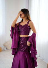 Purple Sequin Embroidered Net Lehenga Skirt Set with Padded Blouse & Crepe Dupatta