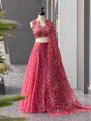 Rose Pink Jimmy Organza Digital Printed Lehenga Set with Sequins Blouse & Designer Batwa