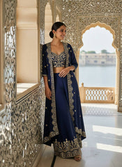 Navy Blue Chinon Silk Embroidered Indo-Western Palazzo Set with Shrug