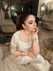 Women's Premium Chinon Embroidered Kurta Palazzo Set with Organza Dupatta | Off White Party Wear Suit