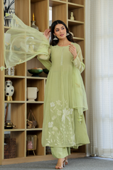 Rooprangi Women's Premium Chanderi Silk Embroidered Kurta Pant Set with Embroidered Chanderi Dupatta | Lavender & Pistachio Green