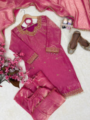 Rani Pink Fandy Silk Kurti Plazzo Set with Dupatta | Designer Embroidered Festive Suit for Women