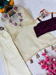 Organza Co-Ord Set with Embroidered Sheer Kurti, Blouse & Pant (3 Colors)
