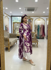 Purple Magic Cotton Embroidered Kurti Pant Set with Digital Print Dupatta