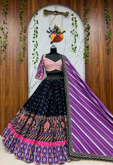 Black Malai Silk Navratri Lehenga Choli with Mirror Work & Printed Dupatta | Designer Garba & Festive Wear Lehenga for Women