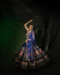 RoopRangi Women's Royal Navy Blue Printed Muslin Cotton Lehenga Choli Set with Real Mirror Work & Dupatta