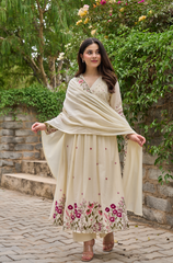 Pink & Ivory Chanderi Silk Embroidered Anarkali Kurta Pant Set with Chanderi Dupatta
