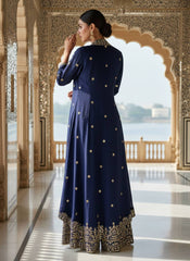 Navy Blue Chinon Silk Embroidered Indo-Western Palazzo Set with Shrug