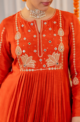 Ruby Red, Burnt Orange & Emerald Green Chanderi Silk Embroidered Anarkali Kurta Pant Set with Organza Dupatta