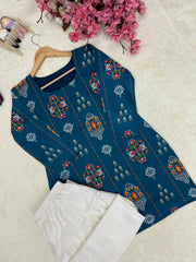 Teal Blue Maslin Cotton Printed Kurti with Embroidered Farshi Plazzo Co-Ord Set for Women