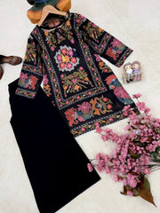 Black Magic Cotton Embroidered Co-Ord Set with Crepe Plazzo | Designer Ethnic Kurti Set for Women