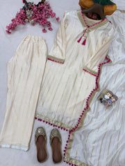 White Chanderi Silk 3 Piece Kurti Pant Set with Dupatta & Fancy Lace Work