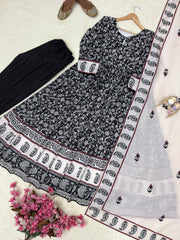 Black Premium Maslin Cotton Printed Anarkali Gown Set with Dupatta | Designer 3-Piece Ethnic Suit