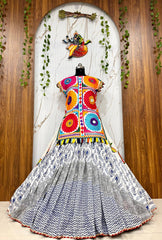 White & Blue Muslin Cotton Navratri Chaniya Choli Set with Gamthi Embroidery & Mirror Work | Designer Garba Lehenga for Women