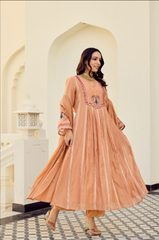 Rooprangi Women's Premium Chanderi Silk Embroidered Kurta Palazzo Set with Chanderi Dupatta | Sage Green & Peach | Festive Wear
