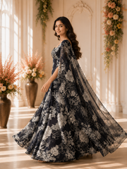 Black & White Floral Printed Designer Lehenga Choli Set with Organza Dupatta
