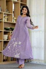 Rooprangi Women's Premium Chanderi Silk Embroidered Kurta Pant Set with Embroidered Chanderi Dupatta | Lavender & Pistachio Green