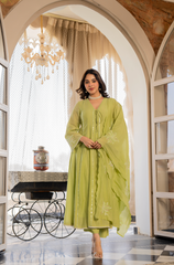 Sage Green & Blush Peach Chanderi Silk Embroidered Kurta Pant Set with Chanderi Dupatta