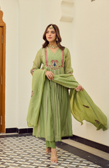 Rooprangi Women's Premium Chanderi Silk Embroidered Kurta Palazzo Set with Chanderi Dupatta | Sage Green & Peach | Festive Wear