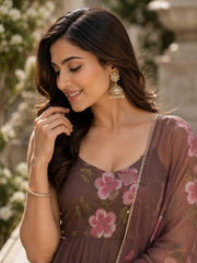 Blossom Bloom Handpainted Georgette Anarkali Suit Set with Floral Dupatta