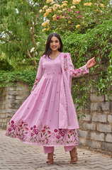 Pink & Ivory Chanderi Silk Embroidered Anarkali Kurta Pant Set with Chanderi Dupatta