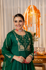 Ruby Red, Burnt Orange & Emerald Green Chanderi Silk Embroidered Anarkali Kurta Pant Set with Organza Dupatta