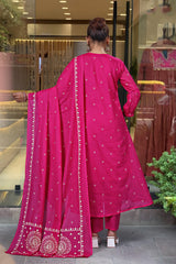 Rust orange & Rani Pink Cotton Khadi Print Embroidered Anarkali Kurta Pant Set with Cotton Khadi Print Dupatta