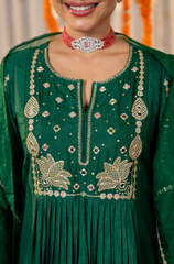 Ruby Red, Burnt Orange & Emerald Green Chanderi Silk Embroidered Anarkali Kurta Pant Set with Organza Dupatta