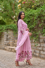 Pink & Ivory Chanderi Silk Embroidered Anarkali Kurta Pant Set with Chanderi Dupatta