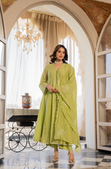Sage Green & Blush Peach Chanderi Silk Embroidered Kurta Pant Set with Chanderi Dupatta