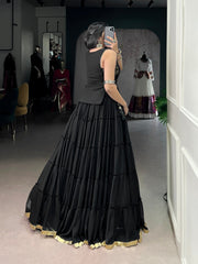 Classic Black Marble Navratri Lehenga Choli Set with Sheer Tunic & Cowrie Bell Detailing
