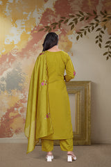 Olive Green & Maroon Chanderi Silk Embroidered Kurta Pant Set with Embroidered Chanderi Dupatta