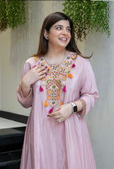 Yellow & Blush Pink French Crepe Embroidered Kurta Palazzo Set