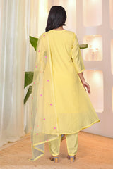 Pastel Yellow & Powder Blue Parampara Silk Embroidered Anarkali Kurta Pant Set with Organza Dupatta