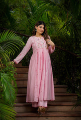 Baby Pink & Pastel Yellow Chanderi Silk Embroidered Anarkali Kurta Pant Set with Chanderi Embroidered Dupatta