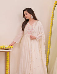 Wine, Sapphire Blue & Ivory White Chanderi Silk Embroidered Anarkali Kurta Pant Set with Embroidered Chanderi Dupatta