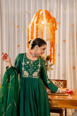 Ruby Red, Burnt Orange & Emerald Green Chanderi Silk Embroidered Anarkali Kurta Pant Set with Organza Dupatta