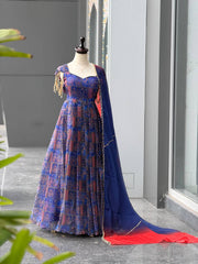Rooprangi Women's Premium Royal Blue Jimmy Organza Silk Digital Printed Anarkali Gown with Organza Dupatta | Festive & Wedding Wear
