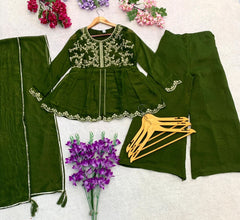 Premium Crunchy Silk Embroidered Peplum Palazzo Suit Set with Matching Crunchy Silk Dupatta | Designer Ethnic Wear for Women
