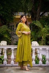 Rooprangi Women's Premium Chanderi Silk Embroidered Kurta Pant Set with Organza Dupatta | Olive Green & Ruby Red